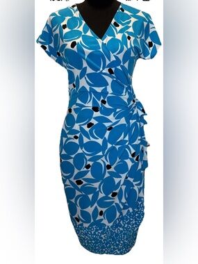 Maggy London Women's Short Sleeve Blue/Black/White Wrap Dress, Size 12, NWT